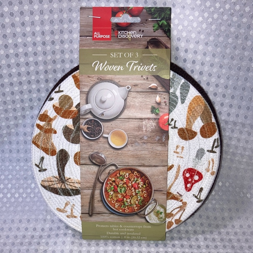 Mushroom Trivet set 3pc 100% cotton 8" round NWT 15174